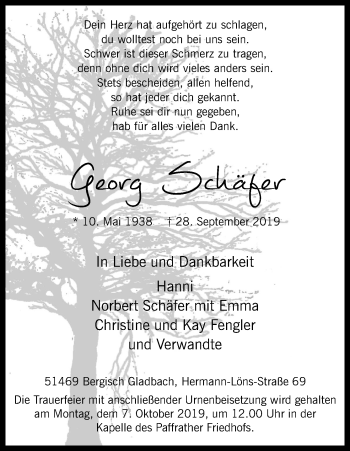 Anzeige von Georg Schäfer von Kölner Stadt-Anzeiger / Kölnische Rundschau / Express