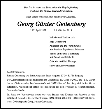 Anzeige von Georg Günter Geilenberg von Kölner Stadt-Anzeiger / Kölnische Rundschau / Express
