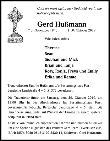 Anzeige von Gerd Hußmann von Kölner Stadt-Anzeiger / Kölnische Rundschau / Express