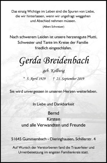 Anzeige von Gerda Breidenbach von  Anzeigen Echo 