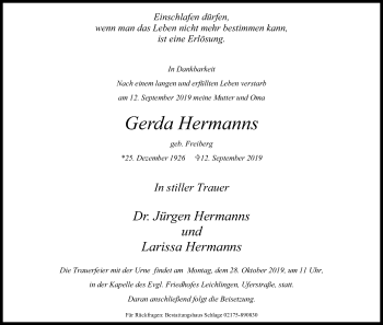 Anzeige von Gerda Hermanns von Kölner Stadt-Anzeiger / Kölnische Rundschau / Express