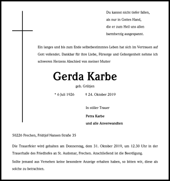 Anzeige von Gerda Karbe von Kölner Stadt-Anzeiger / Kölnische Rundschau / Express