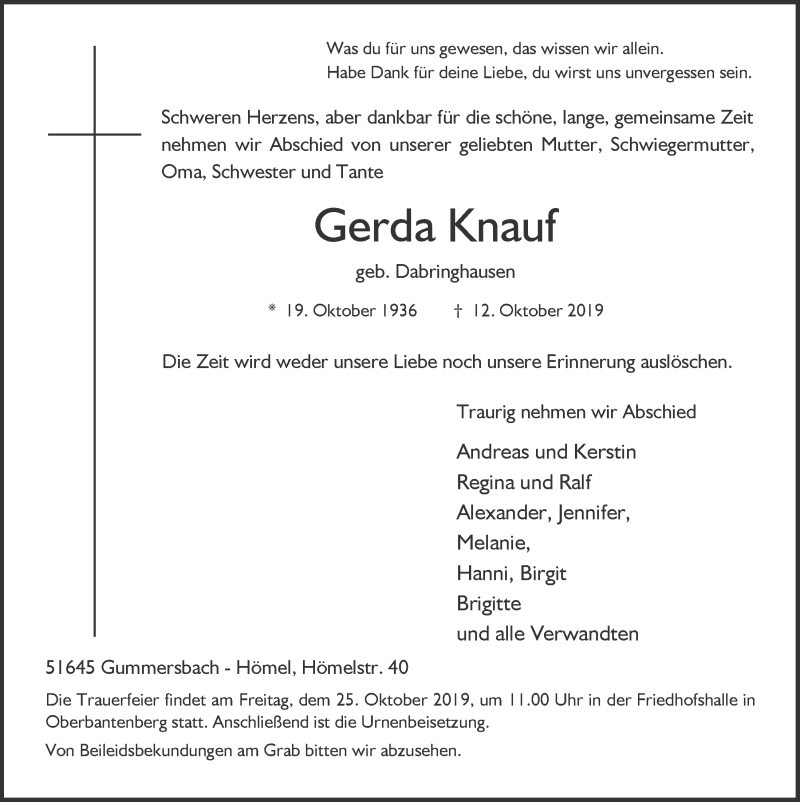  Traueranzeige für Gerda Knauf vom 23.10.2019 aus  Anzeigen Echo 