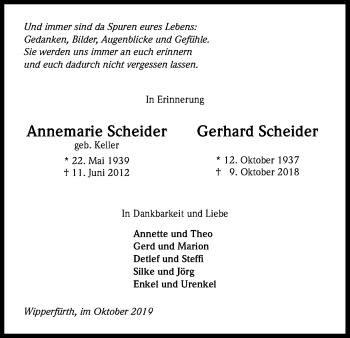 Anzeige von Gerhard Scheider von Kölner Stadt-Anzeiger / Kölnische Rundschau / Express