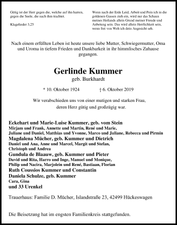 Anzeige von Gerlinde Kummer von Kölner Stadt-Anzeiger / Kölnische Rundschau / Express