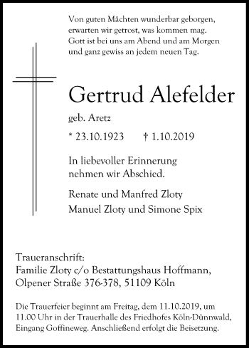 Anzeige von Gertrud Alefelder von Kölner Stadt-Anzeiger / Kölnische Rundschau / Express