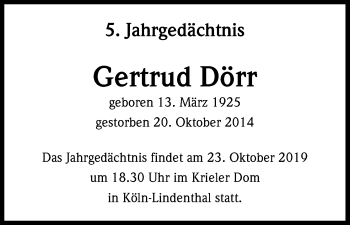 Anzeige von Gertrud Dörr von Kölner Stadt-Anzeiger / Kölnische Rundschau / Express