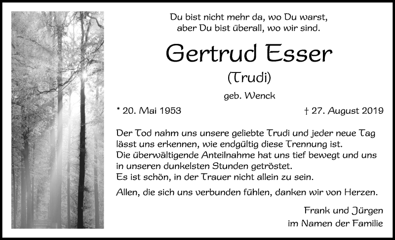  Traueranzeige für Gertrud Esser vom 12.10.2019 aus  Blickpunkt Euskirchen 