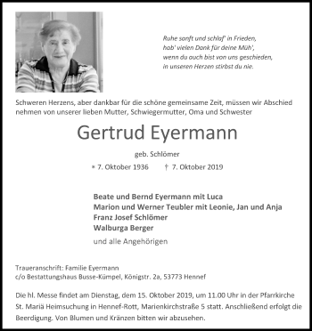 Anzeige von Gertrud Eyermann von Kölner Stadt-Anzeiger / Kölnische Rundschau / Express