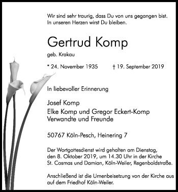 Anzeige von Gertrud Komp von Kölner Stadt-Anzeiger / Kölnische Rundschau / Express