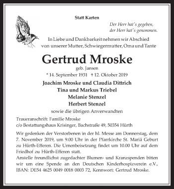 Anzeige von Gertrud Mroske von  Wochenende 