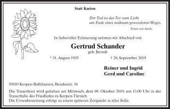 Anzeige von Gertrud Schander von  Sonntags-Post 