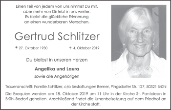 Anzeige von Gertrud Schlitzer von  Schlossbote/Werbekurier 