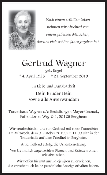 Anzeige von Gertrud Wagner von  Werbepost 
