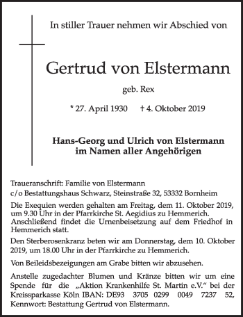 Anzeige von Gertrud von Elstermann von  Schaufenster/Blickpunkt  Schlossbote/Werbekurier 
