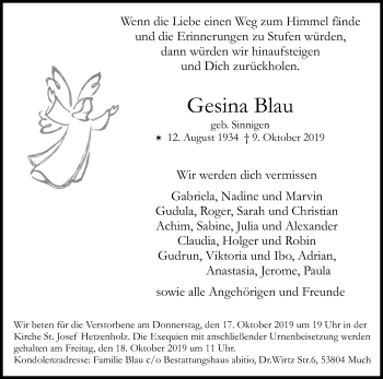 Anzeige von Gesina Blau von Kölner Stadt-Anzeiger / Kölnische Rundschau / Express
