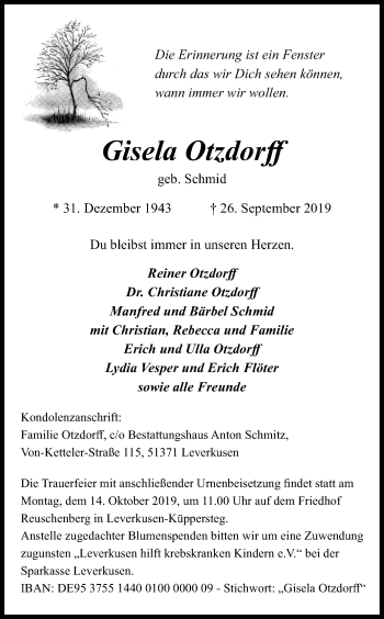 Anzeige von Gisela Otzdorff von Kölner Stadt-Anzeiger / Kölnische Rundschau / Express