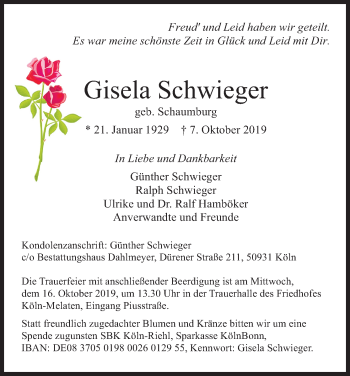 Anzeige von Gisela Schwieger von Kölner Stadt-Anzeiger / Kölnische Rundschau / Express