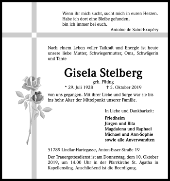 Anzeige von Gisela Stelberg von Kölner Stadt-Anzeiger / Kölnische Rundschau / Express