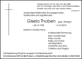 Anzeige von Gisela Thoben von  Schlossbote/Werbekurier 