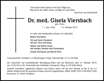 Anzeige von Gisela Viersbach von Kölner Stadt-Anzeiger / Kölnische Rundschau / Express