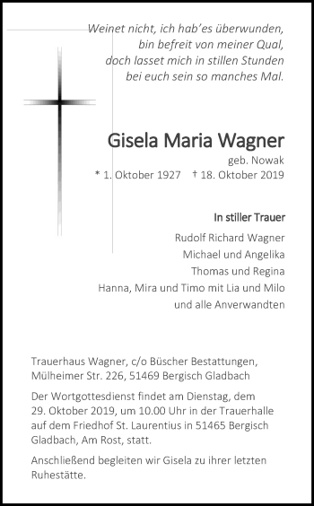 Anzeige von Gisela Maria Wagner von Kölner Stadt-Anzeiger / Kölnische Rundschau / Express