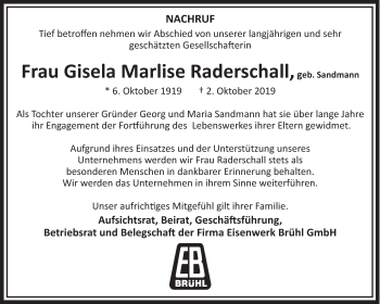 Anzeige von Gisela Marlise Raderschall von  Schlossbote/Werbekurier 