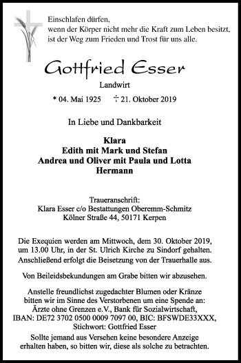Anzeige von Gottfried Esser von Kölner Stadt-Anzeiger / Kölnische Rundschau / Express