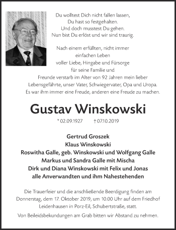 Anzeige von Gustav Winskowski von  Kölner Wochenspiegel 