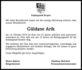 Anzeige von Güldane Arik von Kölner Stadt-Anzeiger / Kölnische Rundschau / Express