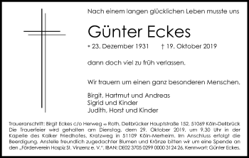 Anzeige von Günter Eckes von Kölner Stadt-Anzeiger / Kölnische Rundschau / Express