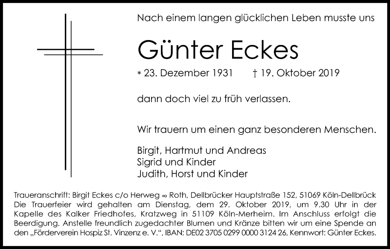  Traueranzeige für Günter Eckes vom 25.10.2019 aus Kölner Stadt-Anzeiger / Kölnische Rundschau / Express