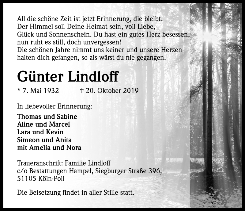  Traueranzeige für Günter Lindloff vom 26.10.2019 aus Kölner Stadt-Anzeiger / Kölnische Rundschau / Express