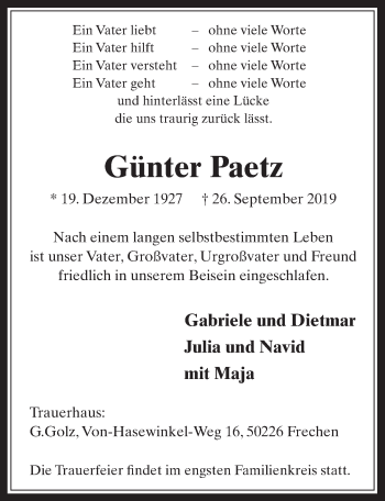 Anzeige von Günter Paetz von  Wochenende 