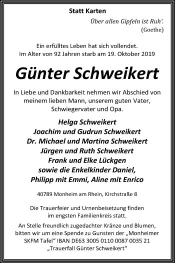 Anzeige von Günter Schweikert von Kölner Stadt-Anzeiger / Kölnische Rundschau / Express