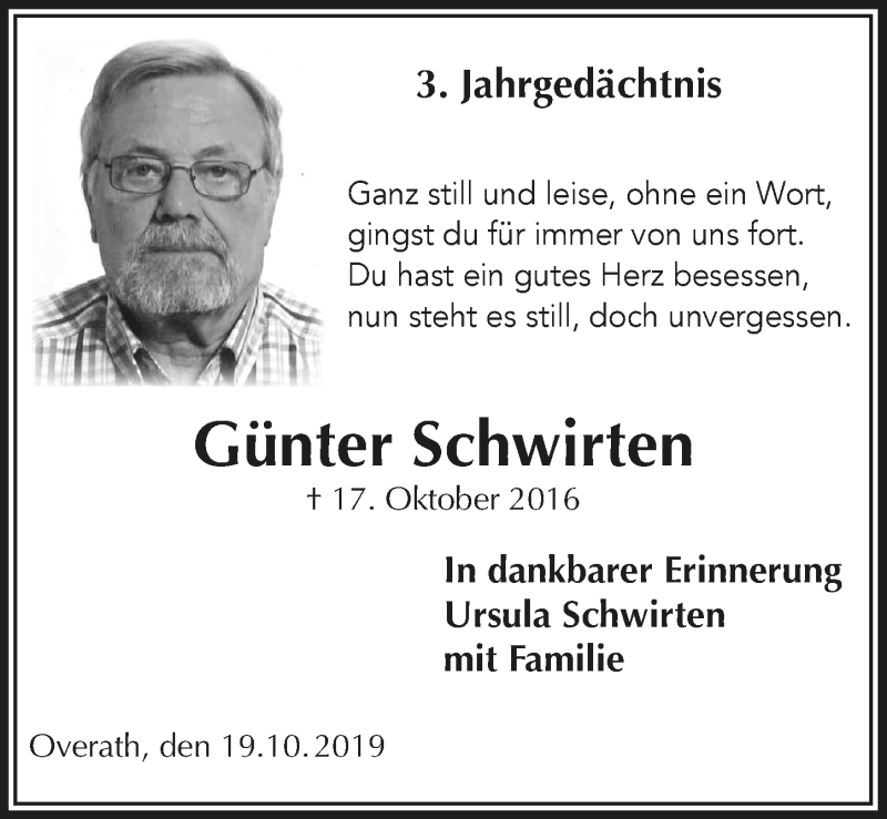  Traueranzeige für Günter Schwirten vom 19.10.2019 aus  Bergisches Sonntagsblatt 