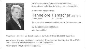 Anzeige von Hannelore Hamacher von  Blickpunkt Euskirchen 