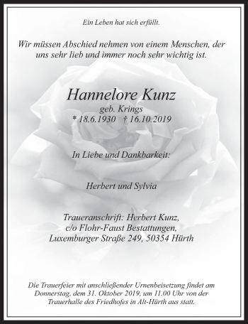 Anzeige von Hannelore Kunz von  Wochenende 