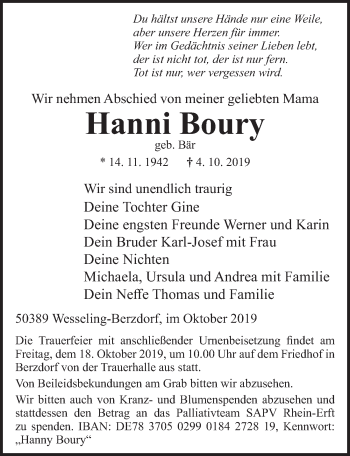 Anzeige von Hanni Boury von  Schlossbote/Werbekurier 