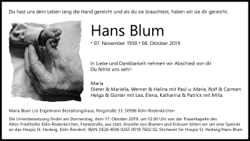 Anzeige von Hans Blum von Kölner Stadt-Anzeiger / Kölnische Rundschau / Express