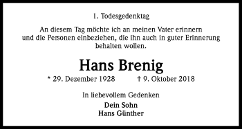 Anzeige von Hans Brenig von Kölner Stadt-Anzeiger / Kölnische Rundschau / Express