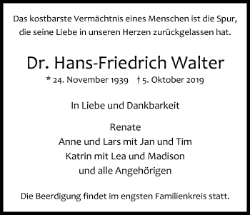Anzeige von Hans-Friedrich Walter von Kölner Stadt-Anzeiger / Kölnische Rundschau / Express