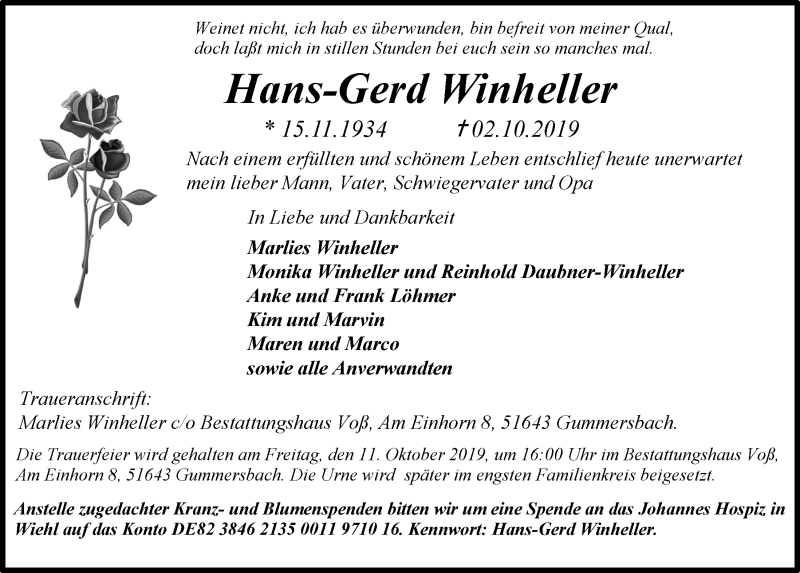  Traueranzeige für Hans-Gerd Winheller vom 09.10.2019 aus  Anzeigen Echo 