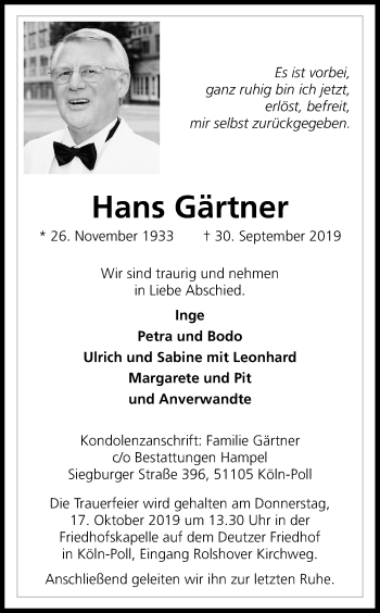 Traueranzeigen von Hans Gärtner WirTrauern