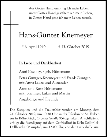 Anzeige von Hans-Günter Knemeyer von Kölner Stadt-Anzeiger / Kölnische Rundschau / Express