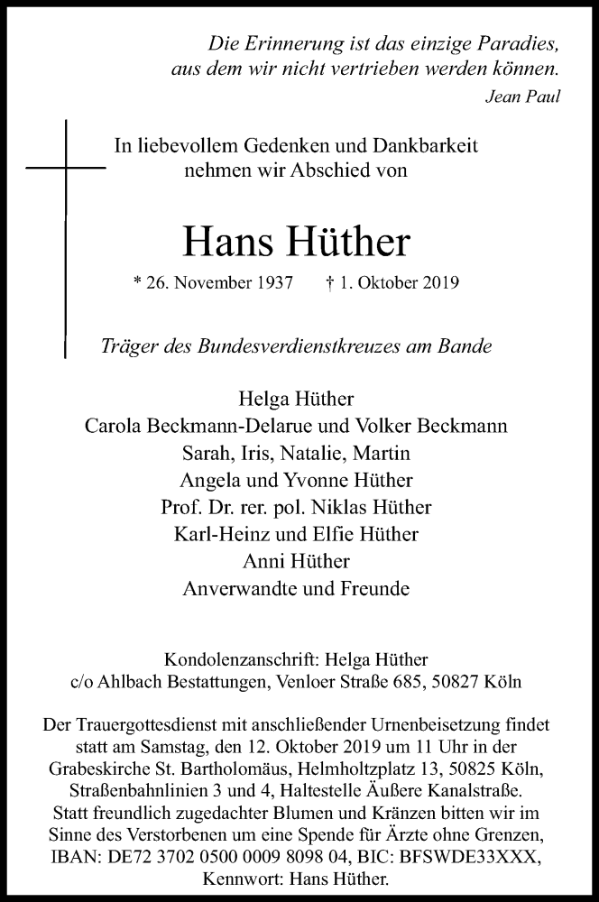  Traueranzeige für Hans Hüther vom 09.10.2019 aus Kölner Stadt-Anzeiger / Kölnische Rundschau / Express