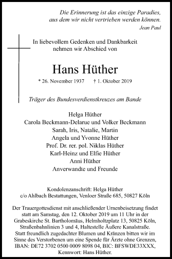 Anzeige von Hans Hüther von Kölner Stadt-Anzeiger / Kölnische Rundschau / Express