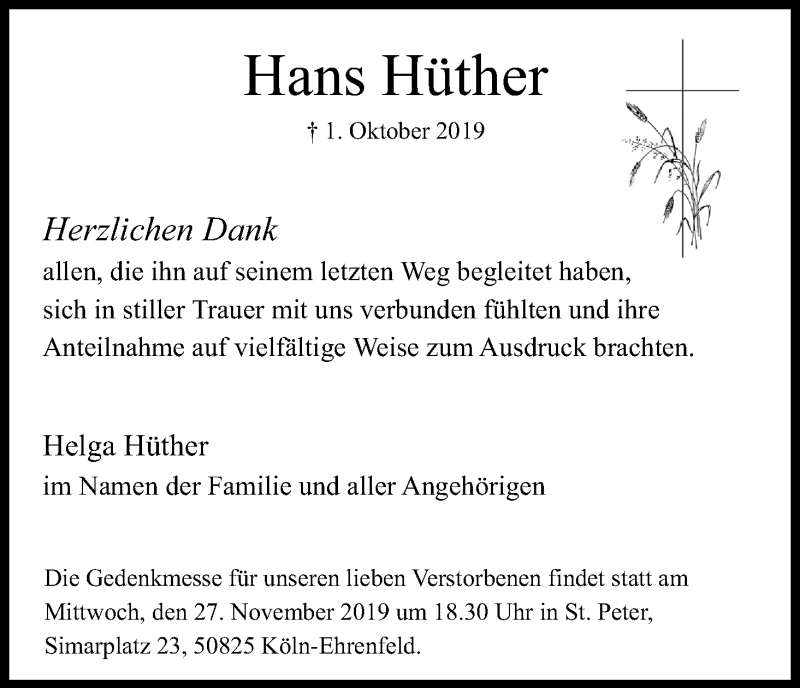  Traueranzeige für Hans Hüther vom 19.10.2019 aus Kölner Stadt-Anzeiger / Kölnische Rundschau / Express