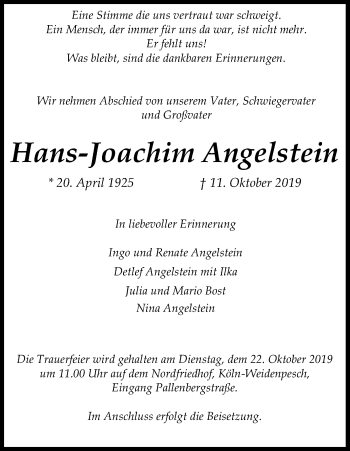 Anzeige von Hans-Joachim Angelstein von Kölner Stadt-Anzeiger / Kölnische Rundschau / Express