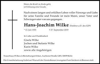 Anzeige von Hans-Joachim Wilke von Kölner Stadt-Anzeiger / Kölnische Rundschau / Express